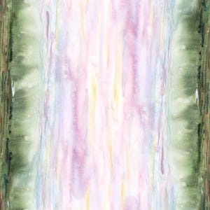 May include: Abstract watercolour painting with vertical stripes. The artwork features a central light area with pink and yellow hues, flanked by green and brown sections. The outer edges have a textured, brown appearance with white floral accents.