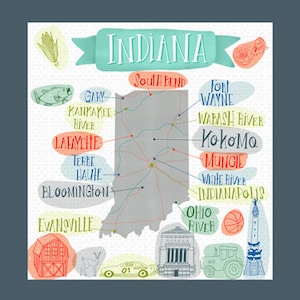 Puede incluir: Una ilustración de acuarela del estado de Indiana con un pájaro cardenal y flores. La ilustración incluye el nombre del estado, "Indiana", y los nombres de varias ciudades, incluyendo South Bend, Fort Wayne e Indianápolis.