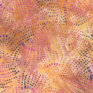 May include: Abstract fabric with a yellow, orange, and pink background. The fabric has a pattern of small purple and pink dots.