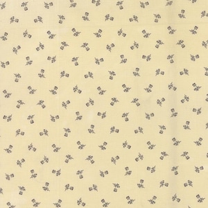 May include: A fabric with a pale yellow background, covered in a repeating pattern of small, dark gray floral sprigs. The sprigs are evenly spaced, creating a delicate and vintage aesthetic.