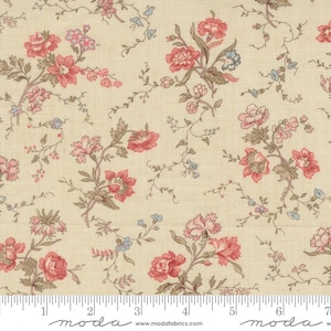 May include: Cream-colored fabric with a repeating floral pattern. The design features pink and red flowers with brown stems and green leaves, interspersed with small blue blossoms. The fabric has a vintage, botanical aesthetic.