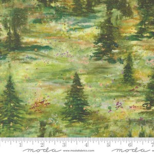 May include: Watercolour painting of a woodland scene with green trees and a light green background. The trees are painted in a loose, impressionistic style, with soft edges and a sense of depth. The background is a light green, with hints of yellow and orange. The overall effect is one of peace and tranquillity.