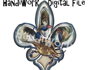 Oyster Fleur de lis PNG File, Oyster and Crab Design, Oyster Fleur de lis Sublimation Design, Acrylic Painted Crab and Oysters, Fleur de lis