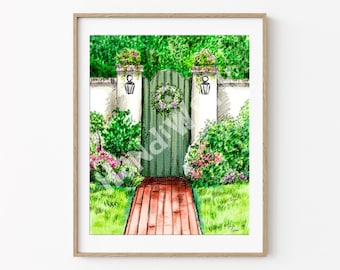 Watercolor garden gate pdf and jpeg art print, watercolor painted garden gate print, watercolor painted flower garden digital download file