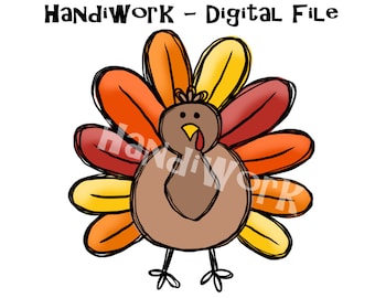 May include: A cartoon turkey with brown feathers and a red wattle. The turkey has a yellow beak and black eyes. The turkey's tail feathers are orange, yellow, and red.