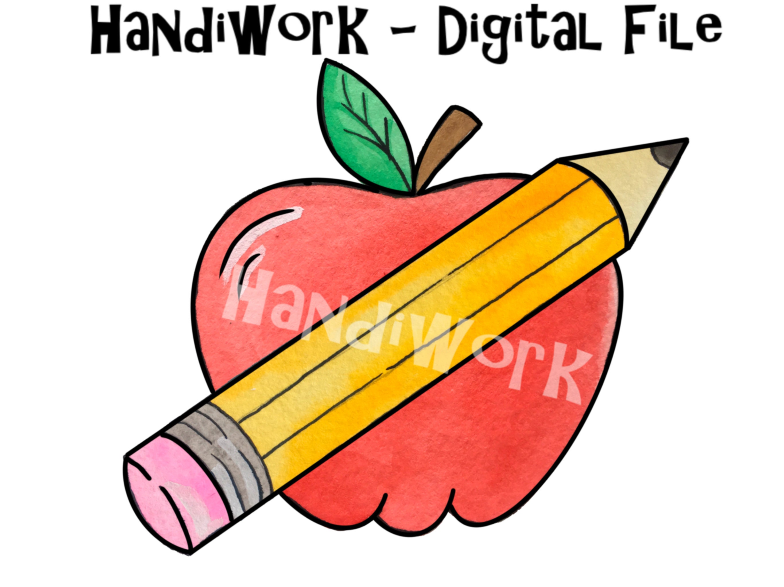 Apple and Pencil PNG Design, Apple and Pencil Watercolor Design