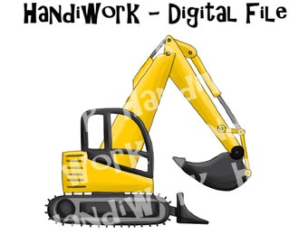 May include: A yellow toy excavator with a black bucket. The excavator is on a white background.