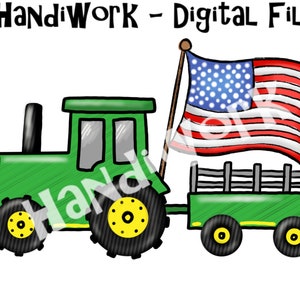 May include: A green tractor with a wagon pulling an American flag. The tractor has a black exhaust pipe and black wheels with yellow centers. The wagon has a black metal fence and green sides. The American flag is red, white, and blue.