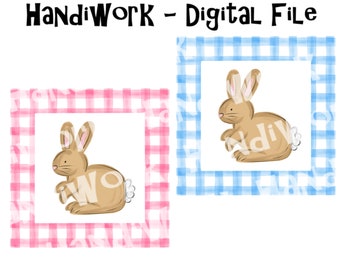 Boy and girl gingham square with bunnies, pink and blue checkered square frame with brown rabbit, boy and girl easter square design png