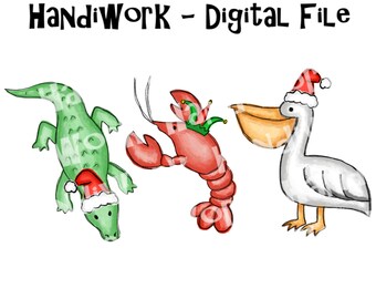 Alligator pelican and crawfish Christmas png design, kids holiday southern animal trio sublimation, New Orleans Christmas animal trio design