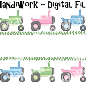 May include: Digital file featuring six colorful tractor illustrations in green, pink, and blue. Each tractor has gray wheels and is set against a white background with green leaf accents. The text "HandiWork - Digital File" is at the top.