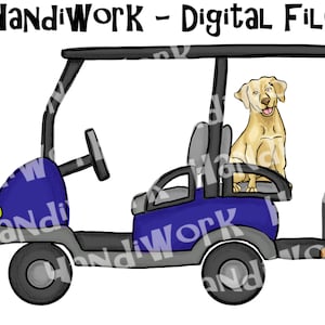 犬を乗せたペイントされたゴルフカートのPNGデザイン、背中にラボが描かれたネイビーのゴルフカーのPNGデザイン、犬を乗せたゴルフカートの昇華、ペイントされたゴルフカート