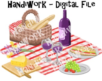 Picnic clip art png design, picnic sublimation, cute checkered table cloth png, picnic food clip art png files, hand drawn picnic image png