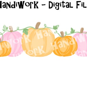 May include: Five pumpkins, two pink and three orange, are arranged in a row with green vines connecting them. The pumpkins are painted in a watercolor style.