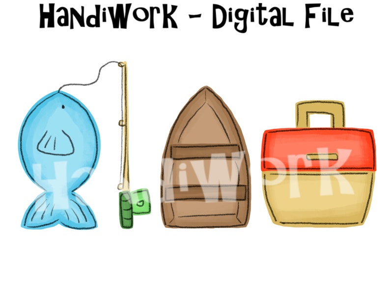 May include: A digital file with four illustrations of fishing themed items: a blue fish, a fishing rod, a brown boat, and a red and yellow cooler.