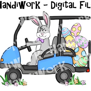 Zając wielkanocny w wózku golfowym png design, zając w wózku golfowym sublimacja png, koszulka społecznościowa wózka golfowego wielkanocnego png, uroczy wózek golfowy wielkanocny design