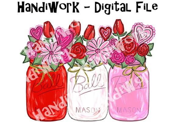 Valentine’s Day mason jars png design, red and pink rustic mason jars, valentines mason jars png sublimation, mason jars with flowers design