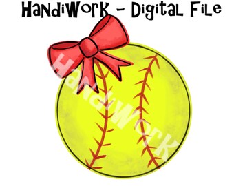 Softball with Bow PNG File, Watercolor Softball Design, Girly softball design, Softball Sublimation Design, Softball with red bow png file