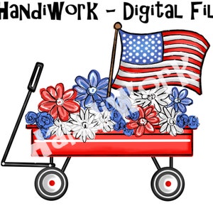 July 4th red wagon with flowers, girly Independence Day sublimation, girly red wagon Fourth of July design png, patriotic red wagon design