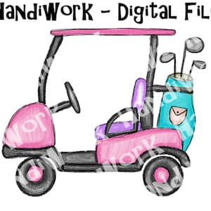 Girl golf cart png design, pink girly golf cart sublimation design, pink purple and aqua golf cart, kids golfing shirt design, golf cart png