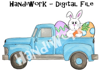 May include: A blue pickup truck with a white bunny rabbit holding a carrot and sitting in the bed of the truck. The truck is carrying Easter eggs with purple, green, and orange colors.