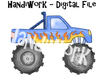 Watercolor monster truck png design, blue monster truck with flames design, monster truck sublimation design, painted kids monster truck