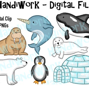 May include: A set of 7 digital clip art PNGs featuring arctic animals and an igloo. The images include a walrus, a narwhal, a seal, an orca, a penguin, a polar bear, and an igloo.