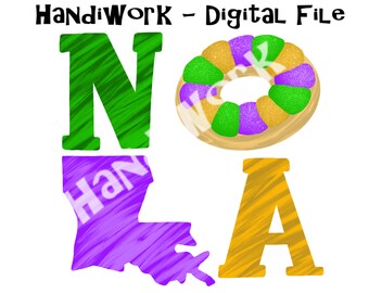 NOLA とキングケーキ PNG ファイル、ペイントされたマルディグラ NOLA デザイン、マルディグラ キングケーキ昇華デザイン、マルディグラ キングケーキ、マルディグラ png
