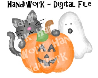 Jack-o-lantern black cat and ghost cute png design, kids cute pumpkin Halloween sublimation, Halloween children’s digital design, black cat