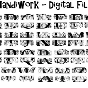 Puede incluir: Archivo digital en blanco y negro que muestra el alfabeto, cada letra dividida horizontalmente y decorada con adornos ornamentales. El texto "HandiWork - Digital File" está en la parte superior.