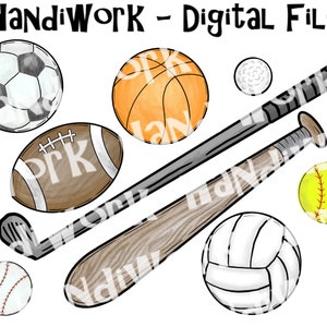 All sports balls painted clip art, all sports balls sublimation, sports clip art digital designs, cartoon sports clip art pngs, baseball