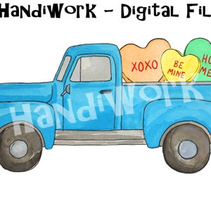 Blue Valentine&#39;s Truck with Hearts PNG File, Valentine&#39;s Day Truck, Watercolor Truck, Valentine&#39;s Sublimation Design, Valentine&#39;s Cardmaking