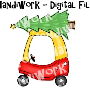 Christmas kids red and yellow car with tree png, red and yellow toy car with Christmas tree on top sublimation design, kids flinstone car