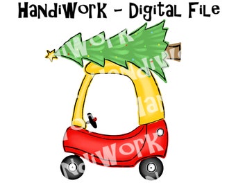 Christmas kids red and yellow car with tree png, red and yellow toy car with Christmas tree on top sublimation design, kids flinstone car