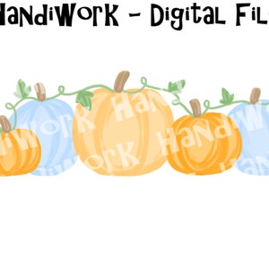Sweet blue and orange watercolor pumpkins png file, baby boy pumpkins with vines design, painted blue and orange pumpkins, watercolor pngs