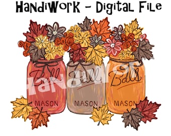 Puede incluir: Tres tarros de cristal con hojas de otoño y flores. Los tarros están etiquetados con "Ball Mason".