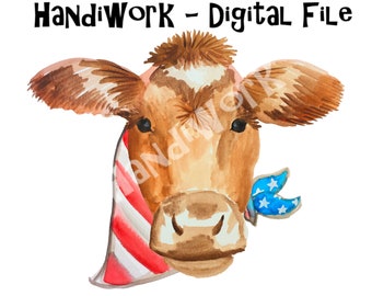 Arquivo PNG de vaca de quatro de julho, vaca em aquarela com design de bandana de bandeira, design do Dia da Independência da vaca, design de sublimação de quatro de julho de vaca