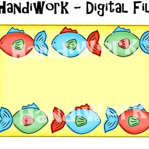 Puede incluir: Un fondo amarillo con un borde de seis peces de dibujos animados. Los peces son rojos, azules y verdes. El texto "HandiWork - Digital File" est&aacute; en la parte superior de la imagen.