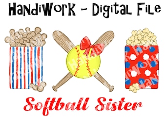 Softball sister png design, softball with bat and bow design, watercolor softball trio sublimation, ball field peanuts and popcorn