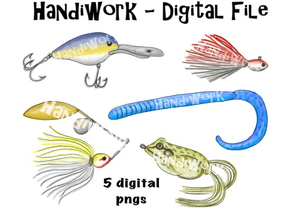 Watercolor fishing lure clip art, painted fishing lure digital designs,  bass fishing lure sublimation, hand painted fishing lure png files
