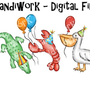 Fichier de conception de trio d'animaux d'anniversaire de bayou, conception png d'aquarelle de pélican d'alligator et d'écrevisses, sublimation de trio d'animaux du sud d'enfants