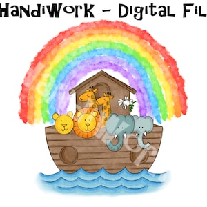 Arca de Noé con archivo PNG de arco iris, primer cumpleaños del arca de Noé, arca de Noé de acuarela, diseño de sublimación del arca de Noé, diseño de camisa del arca de Noé