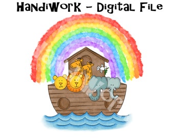 Noah's Ark with rainbow PNG File, Noah’s ark first birthday, Watercolor Noah's Ark, Noah's Ark Sublimation Design, Noah’s ark shirt design