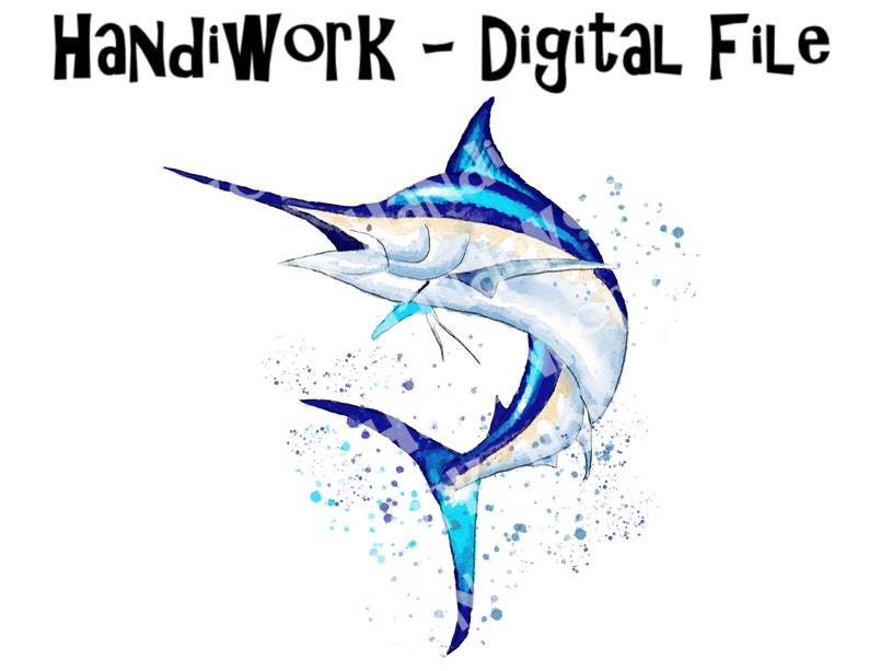 May include: A watercolour painting of a blue marlin leaping from the water. The marlin is blue, white and yellow. The background is white with blue and turquoise watercolour splatters.