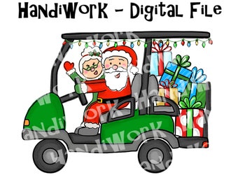 Santa in golf cart png design, Santa golf cart sublimation design, Santa and Mrs claus driving golf cart, Christmas golf cart with presents