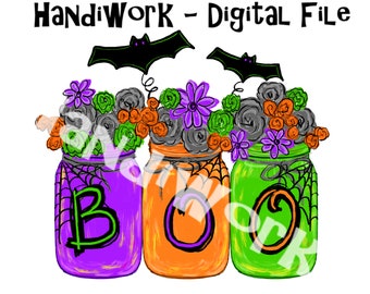 Halloween mason jar png design, Halloween mason jars with flowers sublimation png, orange green and purple mason jars, women’s boo design