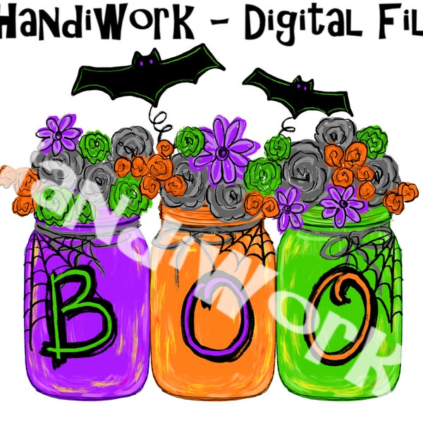 Halloween mason jar png design, Halloween mason jars with flowers sublimation png, orange green and purple mason jars, women’s boo design