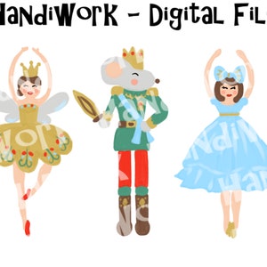 May include: A digital illustration of three characters from the Nutcracker ballet. A ballerina with a gold crown and a gold dress, a nutcracker soldier with a green uniform and red pants, and a ballerina with a blue dress and a blue bow.