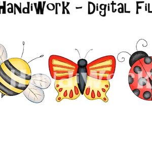 May include: A digital file with three illustrations of insects: a yellow and black bee, a red and yellow butterfly, and a red and black ladybug.