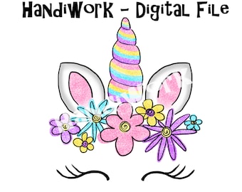 Girly unicorn glitter head sublimation, unicorn with flowers png design, glitter unicorn with bright colors png file, painted unicorn png